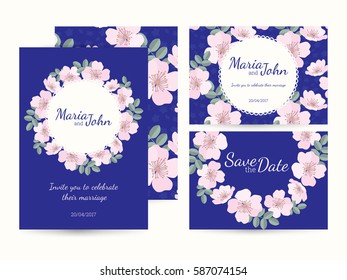 Wedding invitation card suite with cute flowers. Templates. 