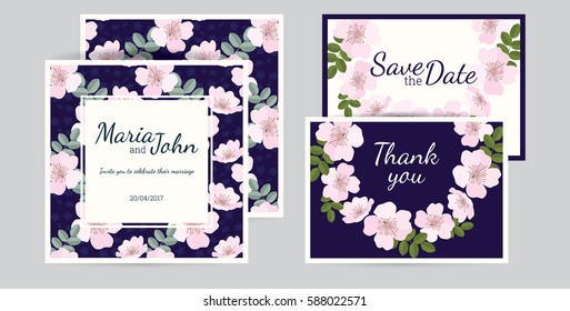 Wedding invitation card suite with  cute flowers. Templates.