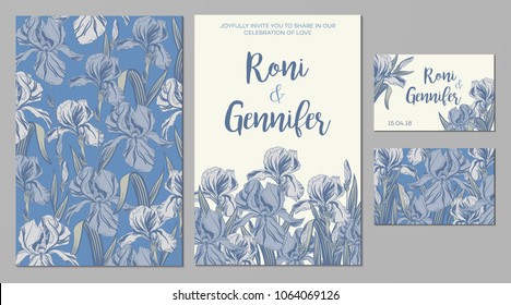 Wedding invitation card suite with daisy flower Templates. Image of spring irises.