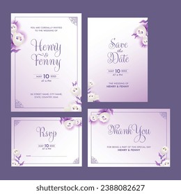 Wedding Invitation Card Suite Decorated With Floral On Purple Background.