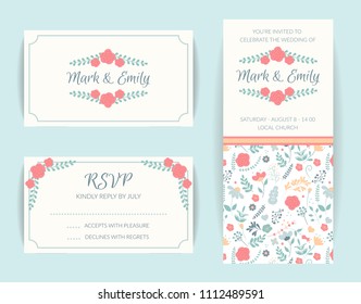 wedding invitation card suite, floral invite, rsvp modern card, save the date. Flower vetor decor