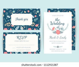 wedding invitation card suite, floral invite, rsvp modern card, save the date. Flower vetor decor