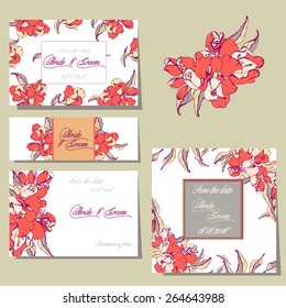 Wedding invitation card suite with flower. Templates. Set of wedding invitation vintage design elements. Marriage invitation card with custom sign and flower frame background. Vector illustration.