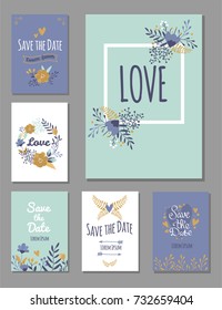 Wedding invitation card suite with flower templates day handmade lettering print layout design vector illustration