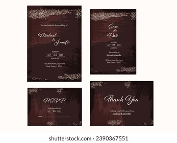 Wedding Invitation Card Suite like as Save The Date, RSVP and Thank You Card in Brown Color.