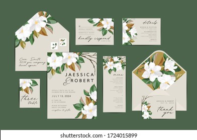 Wedding Invitation Card Suite With Magnolia Flower Templates.