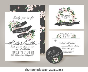 Wedding Invitation Card Suite With Romantic Flower Templates