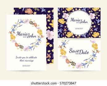 Wedding invitation card suite with round frames from cute wildflowers.Templates.