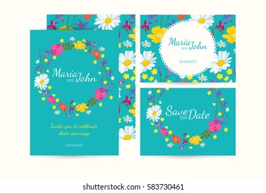 Wedding invitation card suite with round frames and cute wildflowers. Templates. Trendy fashion color for spring  2017.