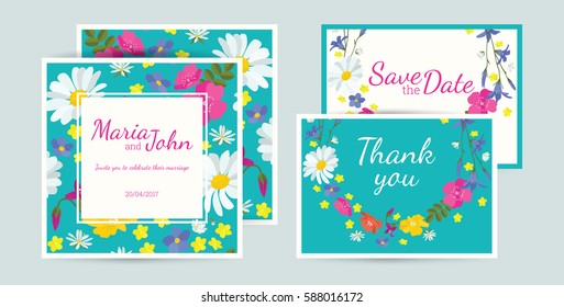 Wedding invitation card suite with round  frames from cute wildflowers.Templates.
