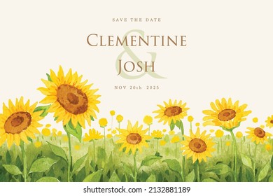 Wedding invitation card with sun flower field landscape watercolor background