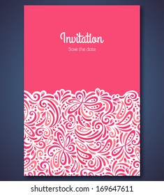 Wedding invitation card template with abstract pink pattern background. Vector illustration.