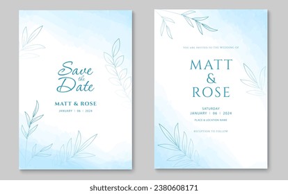 Wedding invitation card template. Abstract leaves line art background design. Vector illustration