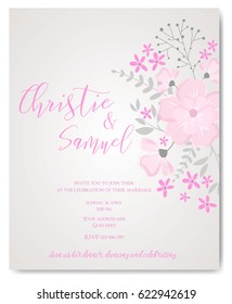 Wedding invitation card template with abstract bouquet flowers, brunches and leaves. Vintage styled. Pink and grey colored.