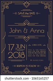 Wedding invitation card template art deco and arabic style with gold frame. Vector Illustration 10 eps