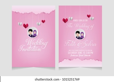 Wedding invitation, wedding card. Wedding invitation template with avatar cartoon, cloud and heart shape origami. Paper art and craft style.
