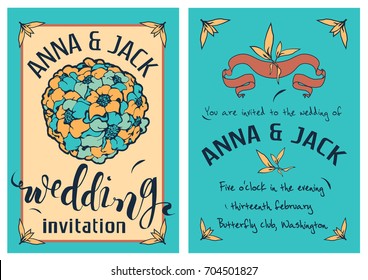 Wedding invitation card template with ball of flowers. Bright blue and yellow colors , two-sided
