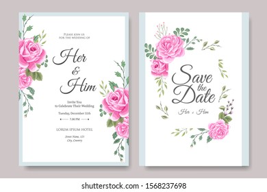 Wedding Invitation Card template with Beautiful Flowers and Leaves