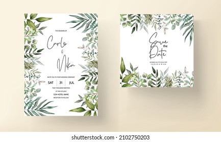  Wedding invitation card template with beautiful leaves