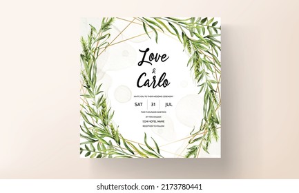 Wedding invitation card template with beautiful greenery leaves