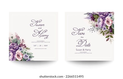 Wedding invitation card template with beautiful floral in frame. Flower watercolor brush texture. Save the date invite cards. Modern soft purple color. Trendy design square poster. Premium Vector.