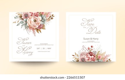 Wedding invitation card template with beautiful floral in frame. Flower pink watercolor brush texture. Save the date invite cards. Modern maroon and peach color. Trendy design square poster. Vector.