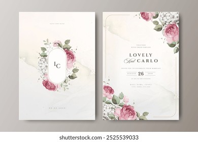 Wedding invitation card template with beautiful roses flowers watercolor