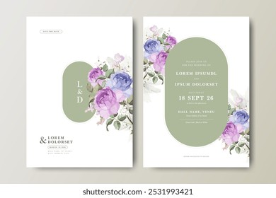 Wedding invitation card template with beautiful roses flowers watercolor