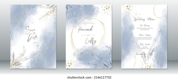 Wedding invitation card template blue watercolor background elegant with leaf branch and gold texture