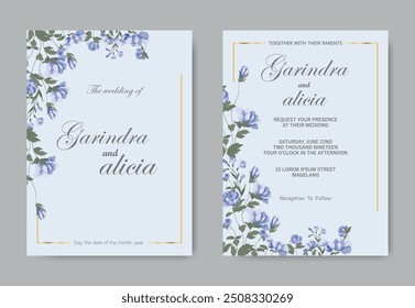 wedding invitation card Template with blue Floral. A beautifully crafted design with a touch of nature.