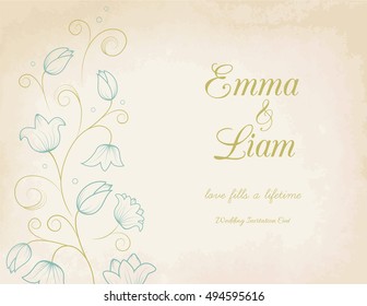 Wedding invitation card template with blue lily flowers and bright green swirly leaves on vintage paper background.