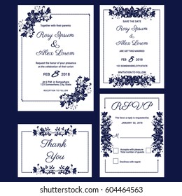 wedding invitation card template with blue color flower floral background. Vector illustration.
