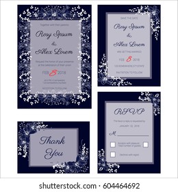 wedding invitation card template with blue color flower floral background. Vector illustration.