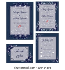 wedding invitation card template with blue color flower floral background. Vector illustration.
