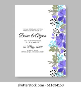 Wedding invitation card template Blue anemone flower bouquet.
