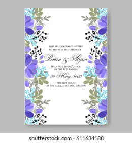 Wedding invitation card template Blue anemone flower bouquet.