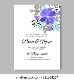 Wedding invitation card template Blue anemone flower bouquet.