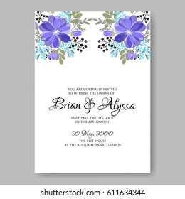 Wedding invitation card template Blue anemone flower bouquet.