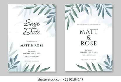 Wedding invitation card template with botanical leaf art. Abstract foliage watercolor art background design. Vector illustration