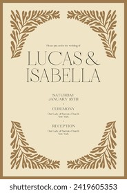 Wedding invitation card template with botanical illustration. Greenery greeting card.