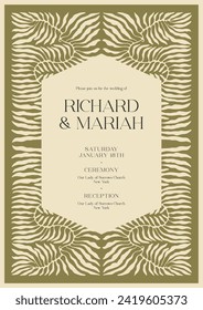 Wedding invitation card template with botanical illustration. Greenery greeting card.