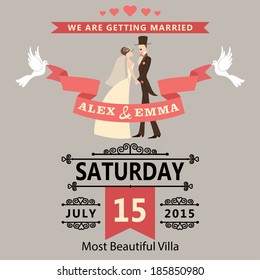 Wedding invitation card template with Bridal,vignettes,ribbon,pigeons.Vector illustration