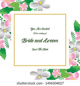 Wedding invitation card template bride and groom, with ornate pattern of colorful flower frame. Vector