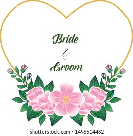 Wedding invitation card template bride and groom cute, with various bright pink floral frame. Vector