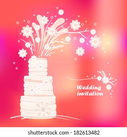 Wedding invitation card template. Wedding cake and flowers illustration