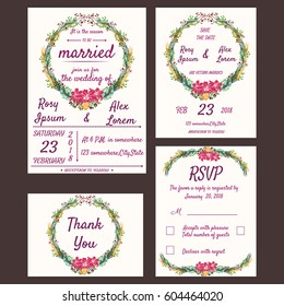  wedding invitation card template with colorfully flower floral background. Vector illustration.