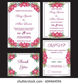  wedding invitation card template with colorfully flower floral background. Vector illustration.