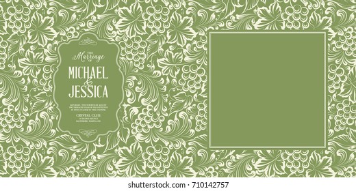 Wedding invitation card template. Invitation card template with custom names and square frame for personal text with summer flowers on the green backdrop. Vector illustration.