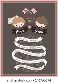 wedding invitation card template with cute groom and bride cartoon