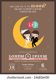 Wedding Invitation Card Template With Cute Groom And Bride Cartoon Sitting On A Moon